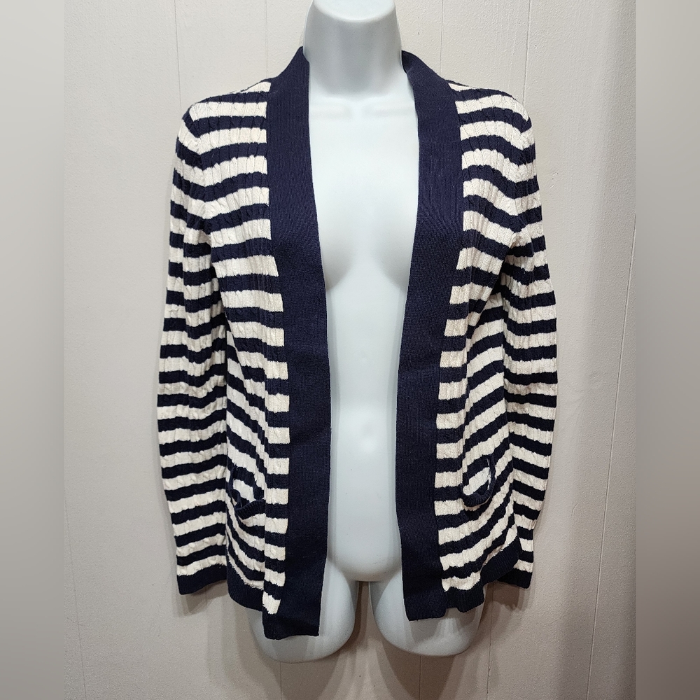 Croft & Barrow Cardigan Sweater Women's XL Navy White Striped Open Front B295